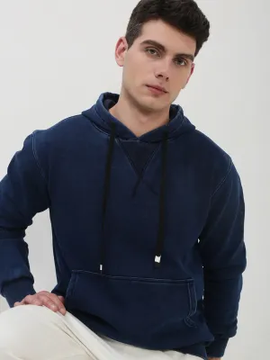 product fleece lining warmth side pocket Men's Navy Blue Solid Hooded Sweatshirt