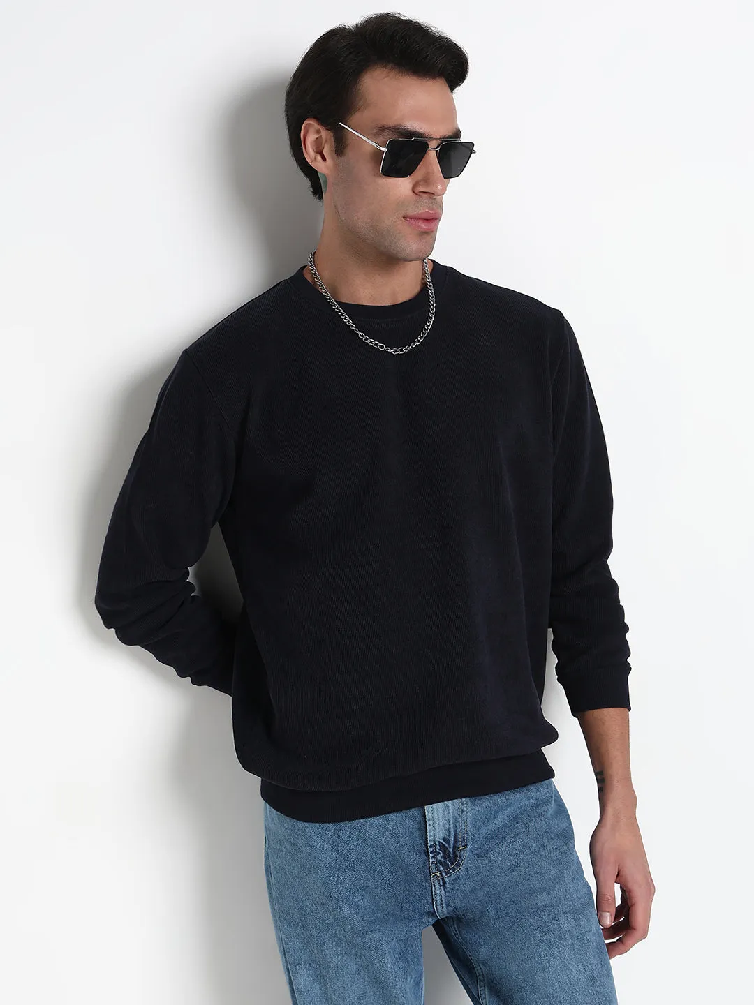 Men's Navy Blue Solid Round Neck Pullover Sweatshirt Satin Lining