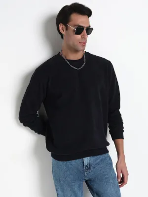 Men's Navy Blue Solid Round Neck Pullover Sweatshirt Satin Lining