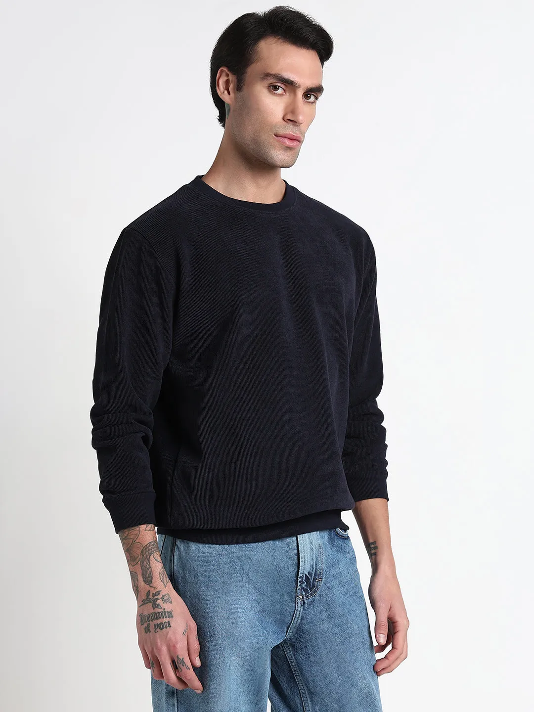 Casual Cozy Street Style Men's Navy Blue Solid Round Neck Pullover Sweatshirt