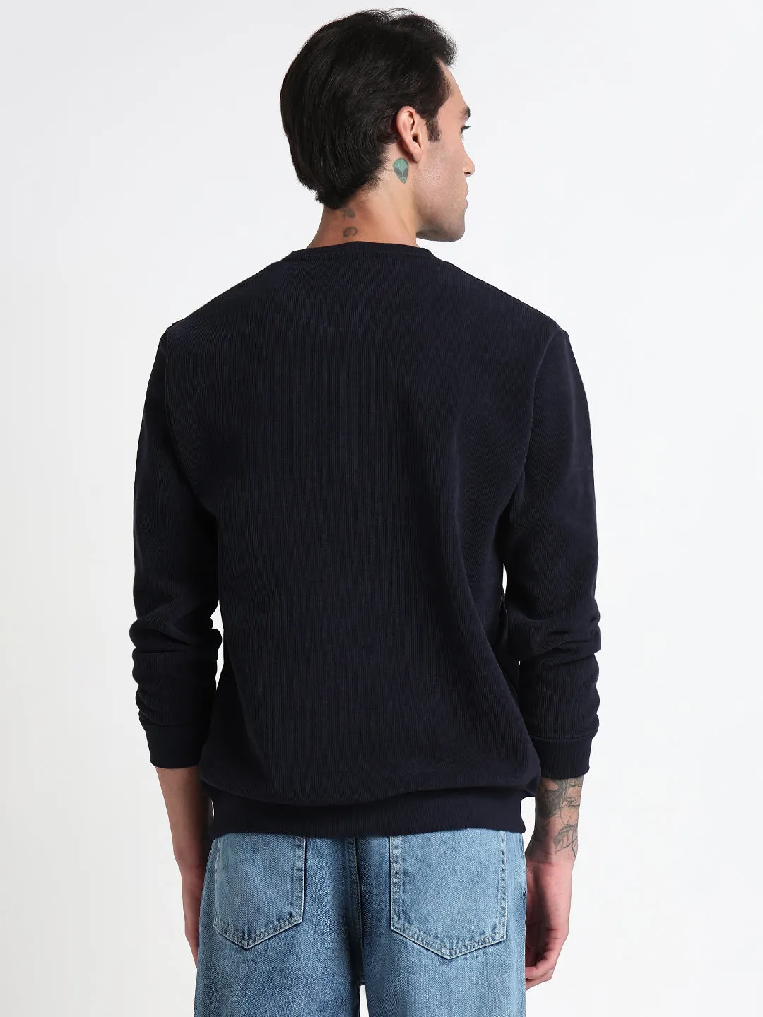 product camping suitable functionality Daily Minimal Men's Navy Blue Solid Round Neck Pullover Sweatshirt
