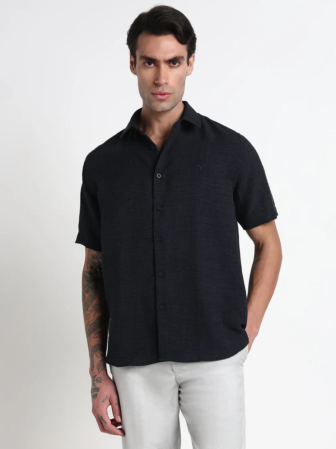 Men's Navy Blue Solid Slim Fit Chambray Shirt Reflective details Lean Glow