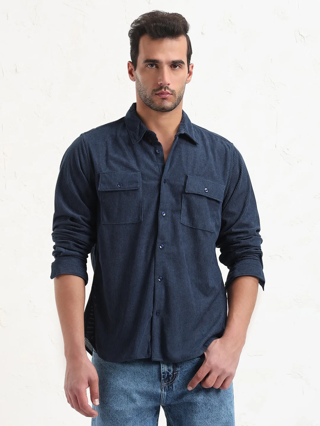 Elegant Pants Jewel tone Men's Navy Blue Solid Slim Fit Shirt