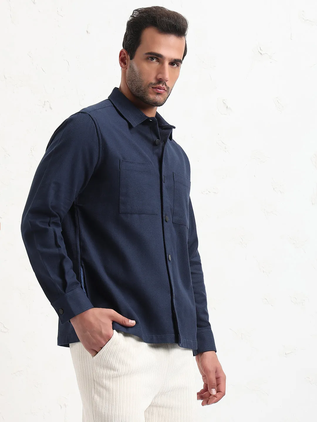 Cozy Style Clean Cut Men's Navy Blue Solid Slim Fit Shirt