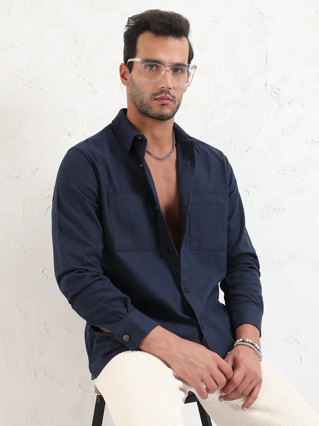 Speed Soul Men's Navy Blue Solid Slim Fit Shirt