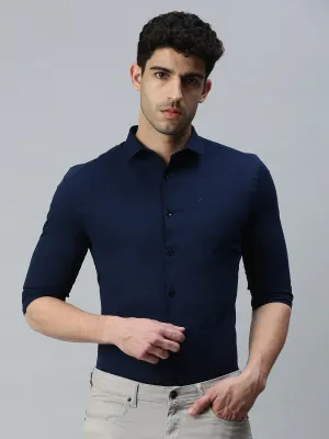 Men's Navy Blue Solid Slim Fit Shirt World Edge