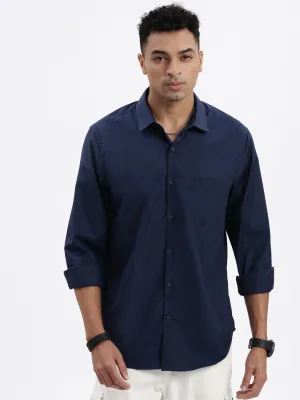 Men's Navy Blue Solid Slim Fit Shirt LayeredNeckline Drive Core