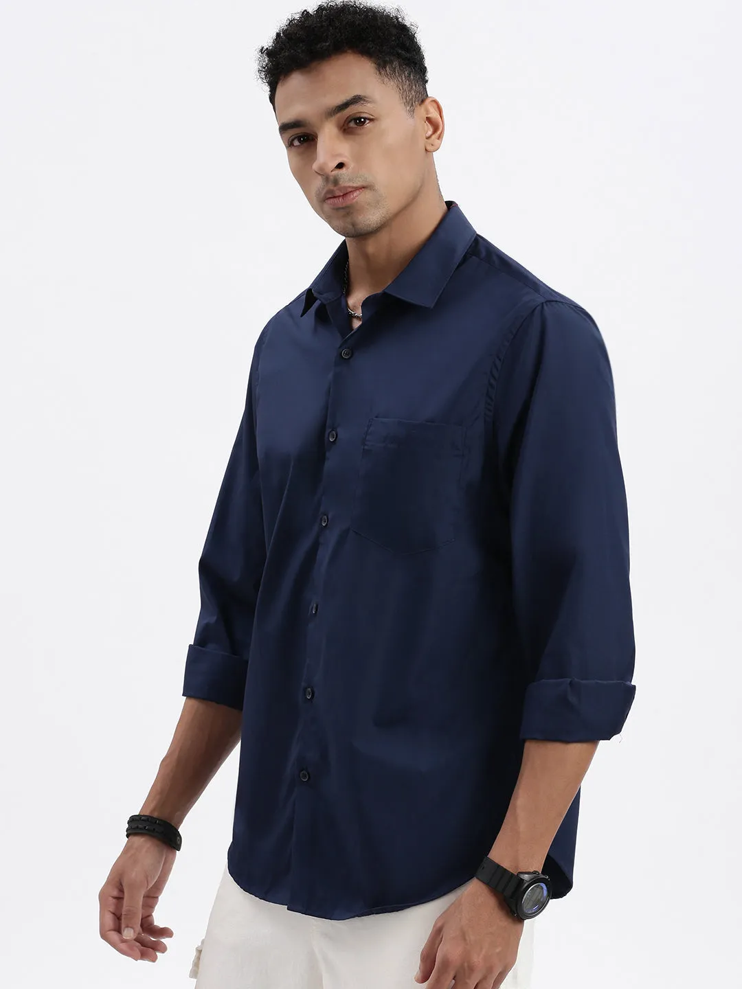 Men's Navy Blue Solid Slim Fit Shirt Comfortable Sleep AntiBacterialTreatment