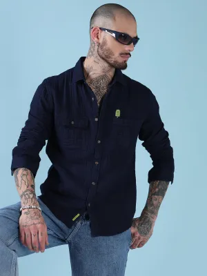 Digital Glow Luxury Touch Men's Navy Blue Solid Slim Fit Shirt with Chest Pocket