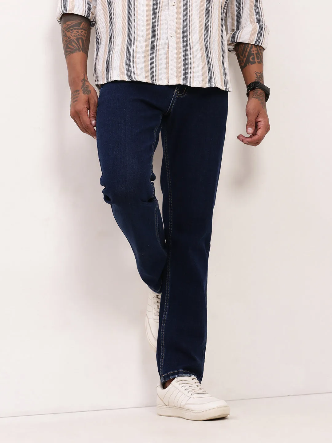 Lockstitch Construction Stay Comfortable Men's Navy Blue Solid Straight Fit Jeans