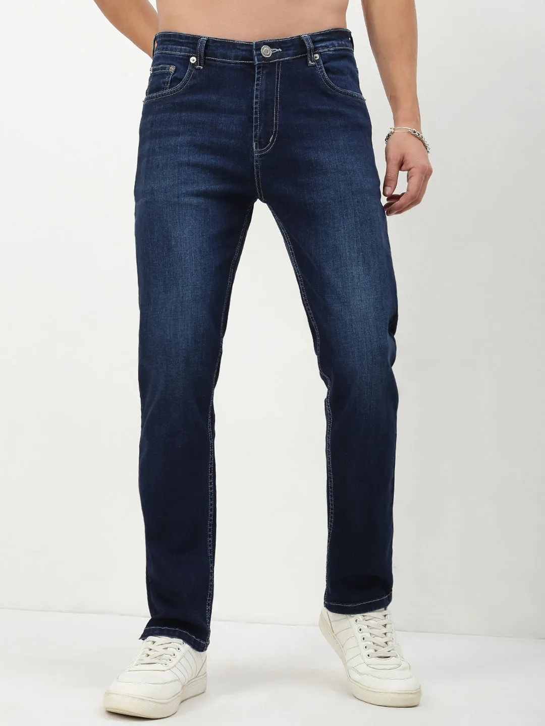 Men's Navy Blue Solid Straight Fit Jeans Essential Comfort Unisex Look