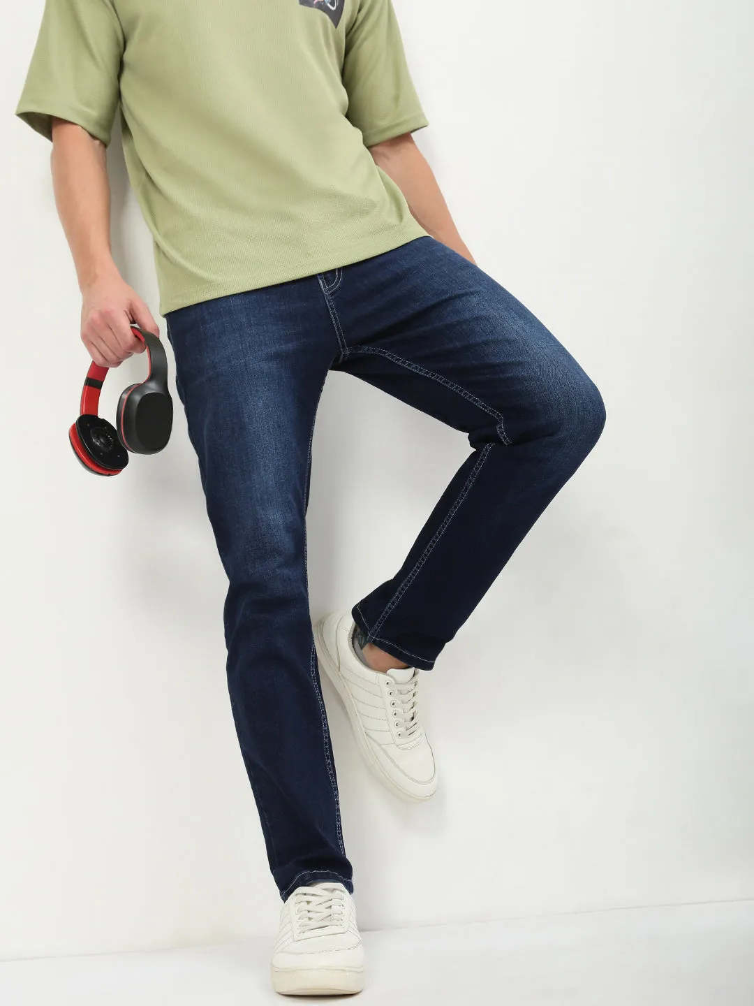 Men's Navy Blue Solid Straight Fit Jeans Stretch Denim Technology