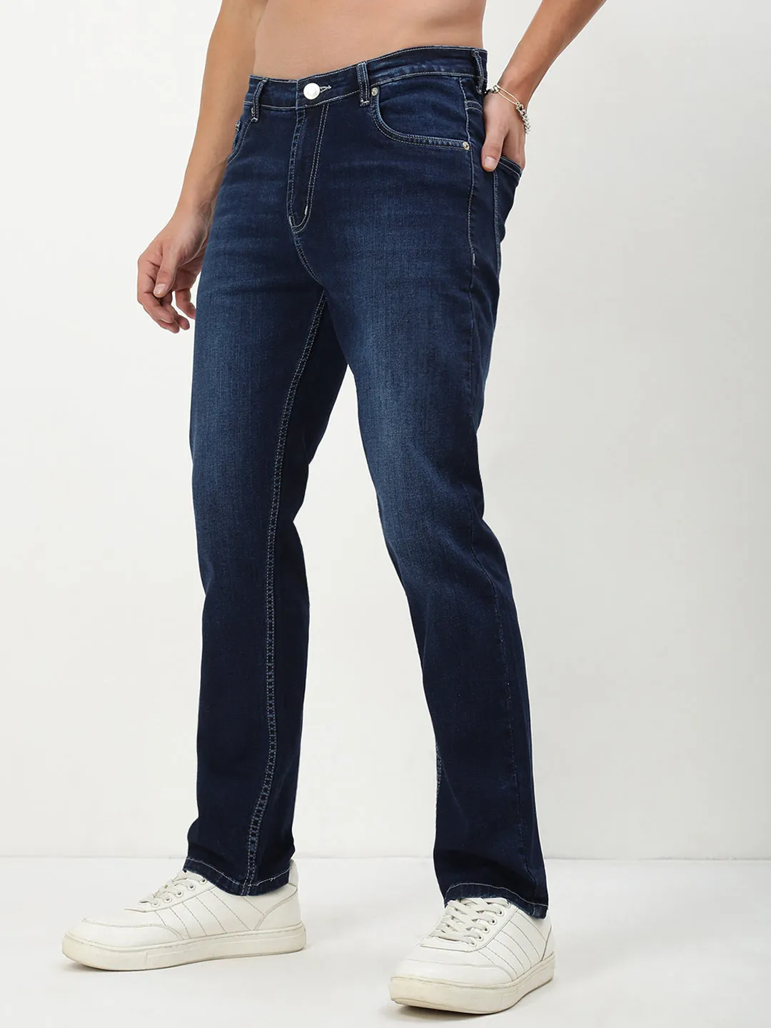 Men's Navy Blue Solid Straight Fit Jeans Fashionable Touch Button Fly Option