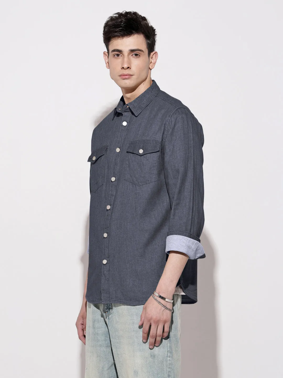 Men's Navy Blue Spread Collar Denim Shirt Fashion Accessory QuickDryDesign