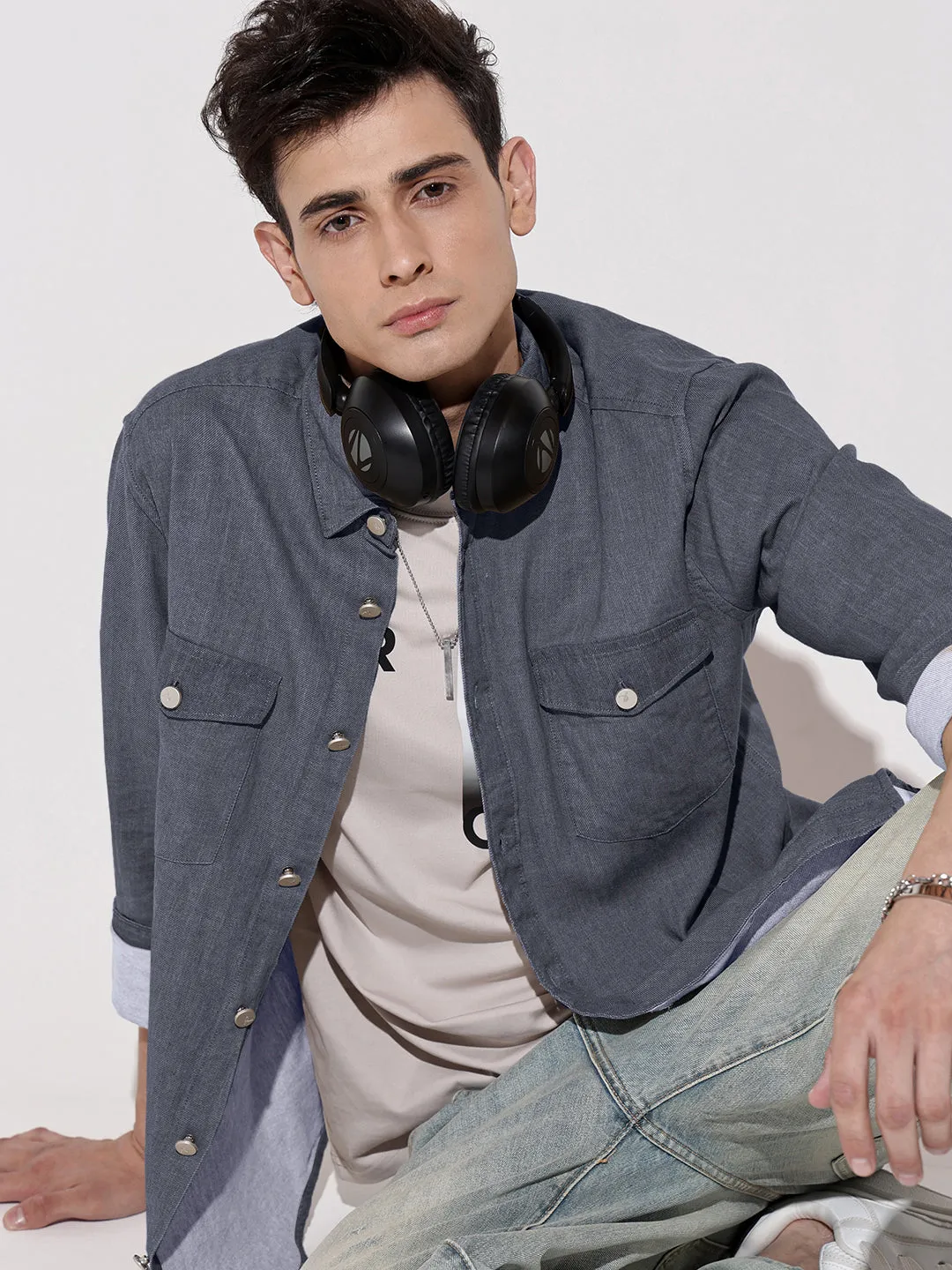 Ski Core Polish Glow Men's Navy Blue Spread Collar Denim Shirt