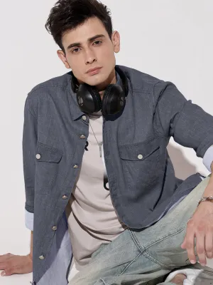 Ski Core Polish Glow Men's Navy Blue Spread Collar Denim Shirt