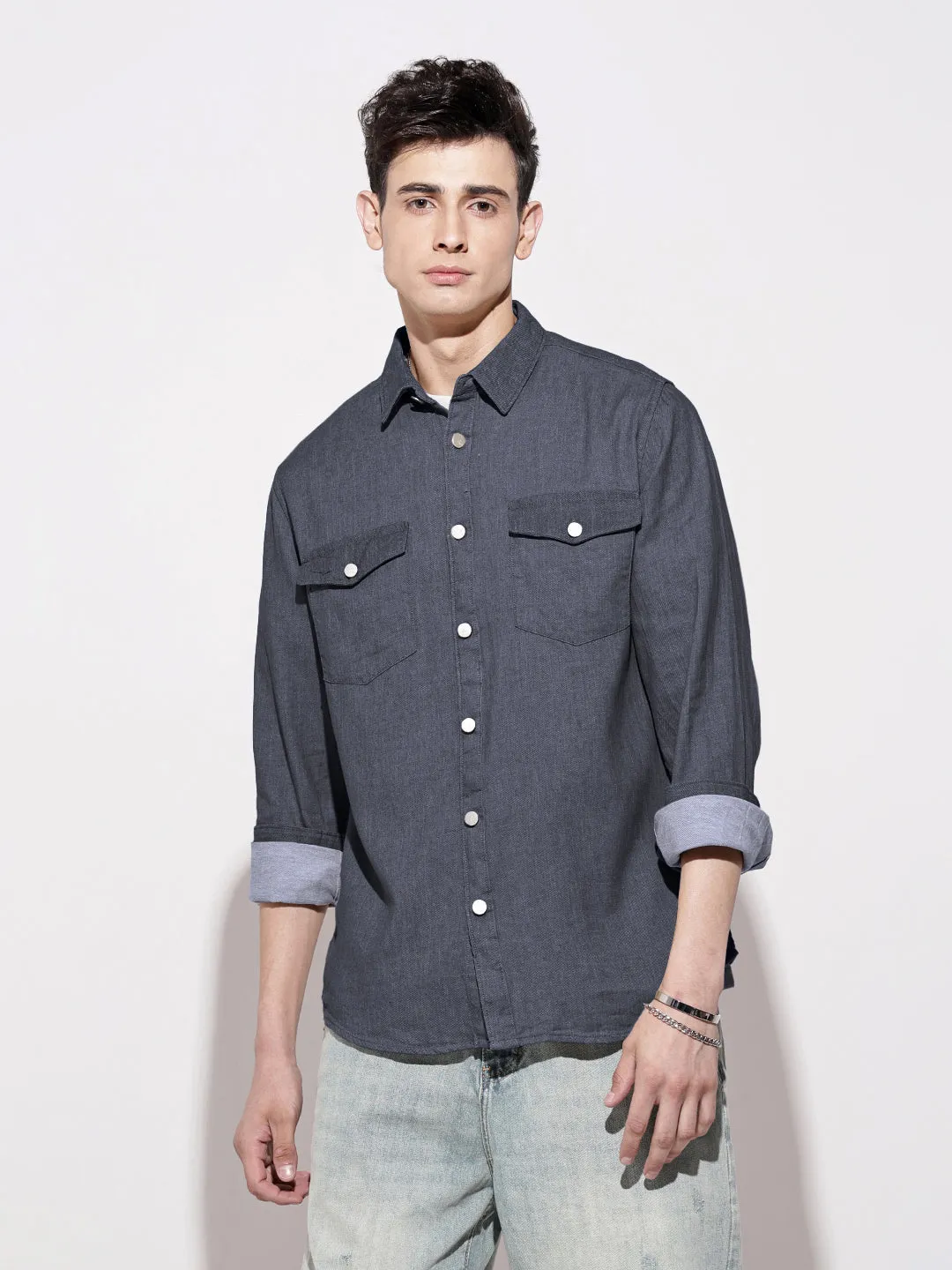 Run Glow fresh start Men's Navy Blue Spread Collar Denim Shirt