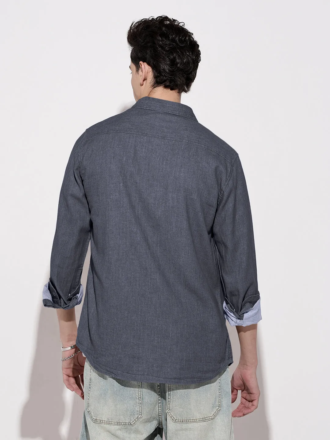 Men's Navy Blue Spread Collar Denim Shirt Breathable Style Comfortable Sleep