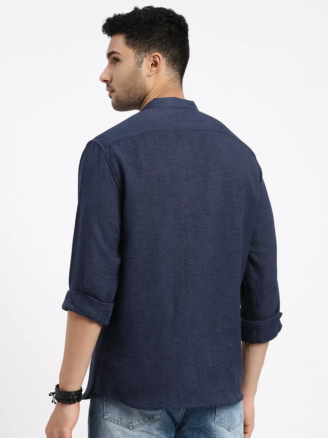 MachineWashable Fabric SheerLayeredPanels Men's Navy Blue Standard Mandarin Collar Solid Cotton Slim Fit Casual Shirt