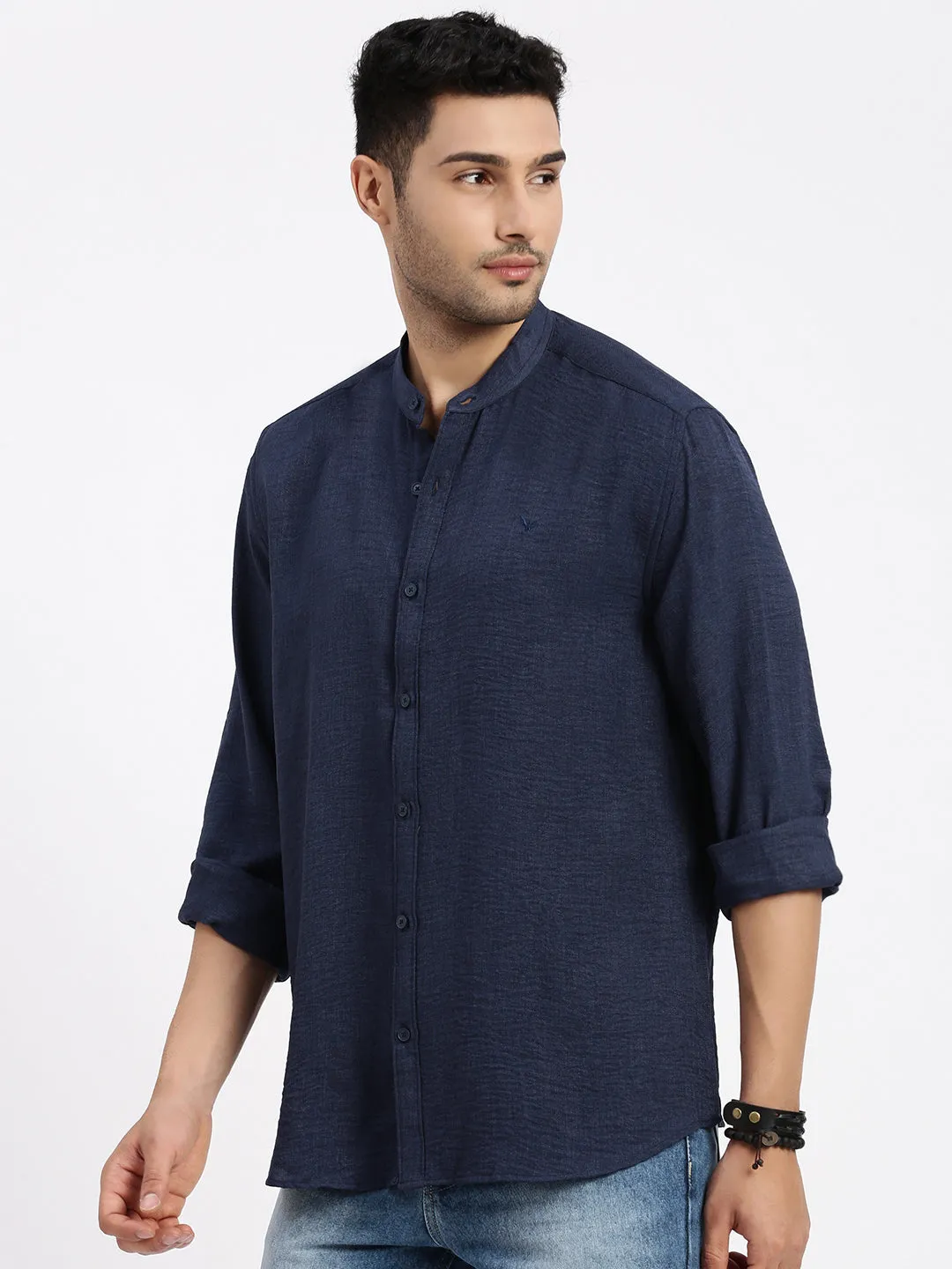 Semi Formal Men's Navy Blue Standard Mandarin Collar Solid Cotton Slim Fit Casual Shirt