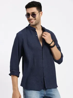 Comfort waistband sporty wear Men's Navy Blue Standard Mandarin Collar Solid Cotton Slim Fit Casual Shirt