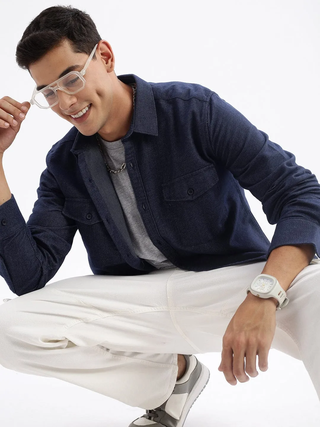 Aerated Seam Placement All weather Men's Navy Blue Standard Slim Fit Cotton Casual Shirt