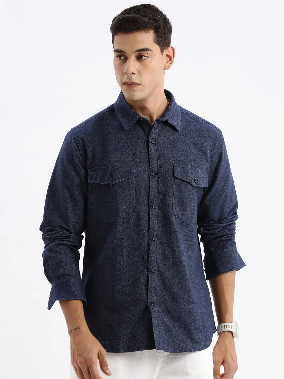 Men's Navy Blue Standard Slim Fit Cotton Casual Shirt MoistureControl Fabric