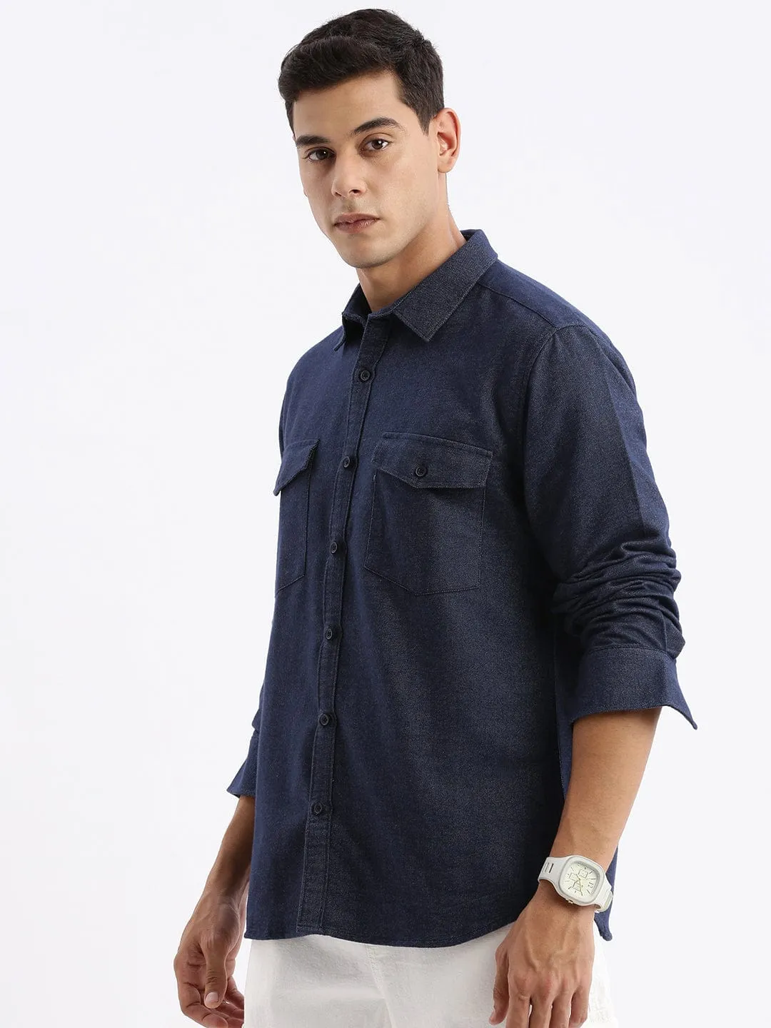 ChafeFree Design Men's Navy Blue Standard Slim Fit Cotton Casual Shirt