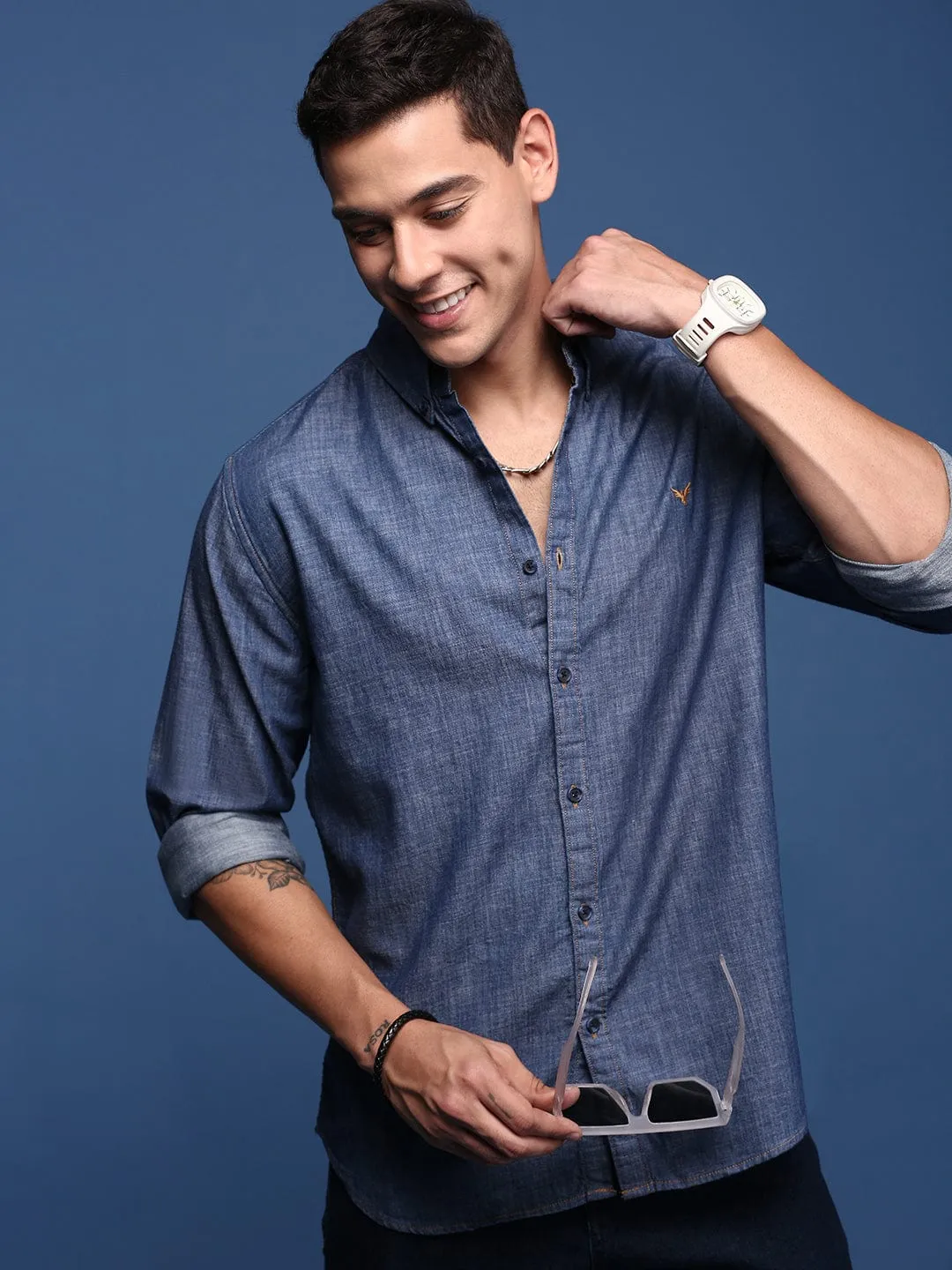 Men's Navy Blue Standard Slim Fit Opaque Printed Casual Shirt Raw Linen