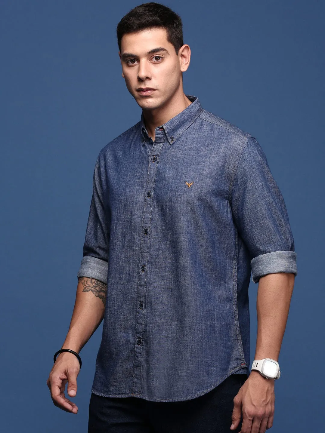 Heart Glow Men's Navy Blue Standard Slim Fit Opaque Printed Casual Shirt
