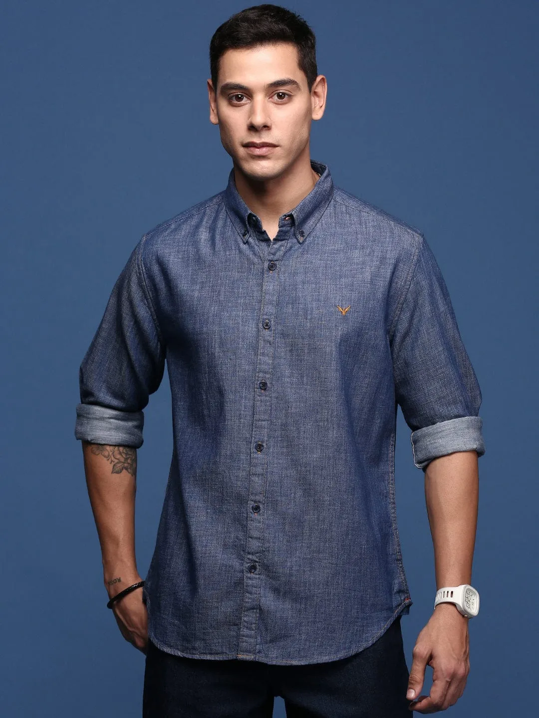 Global Cool Men's Navy Blue Standard Slim Fit Opaque Printed Casual Shirt