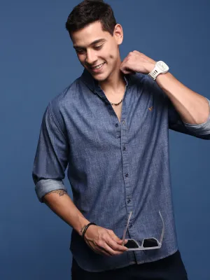 Men's Navy Blue Standard Slim Fit Opaque Printed Casual Shirt Raw Linen