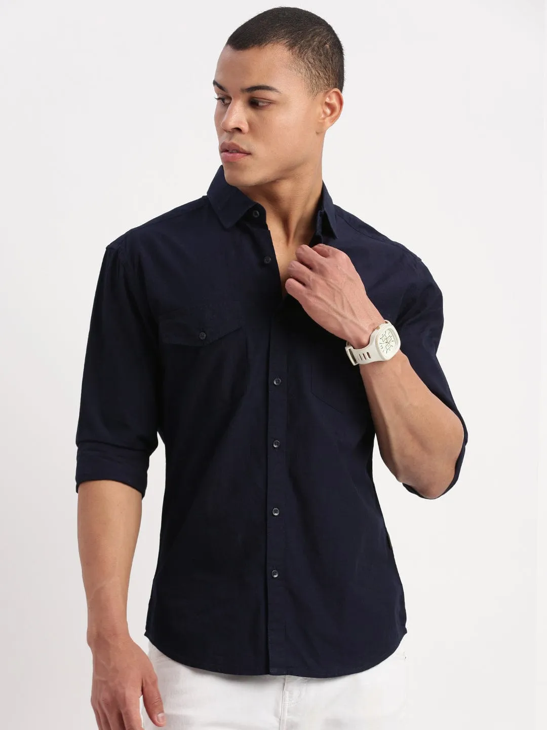 Next Core Men's Navy Blue Standard Slim Fit Spread Collar Cotton Shirt