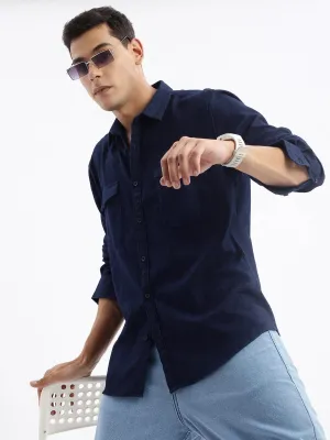 Men's Navy Blue Standard Slim Fit Spread Collar Twill Weave Cotton Shirt Spark Glow