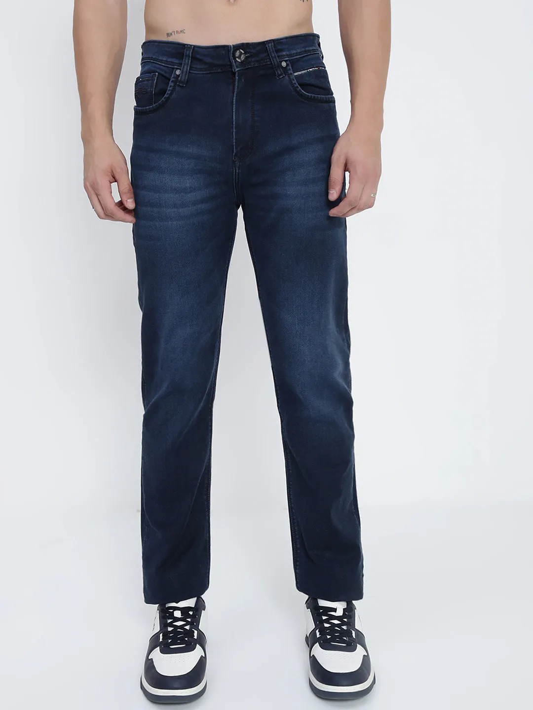 Men's Navy Blue Straight Fit Jeans Multi Pocket Design