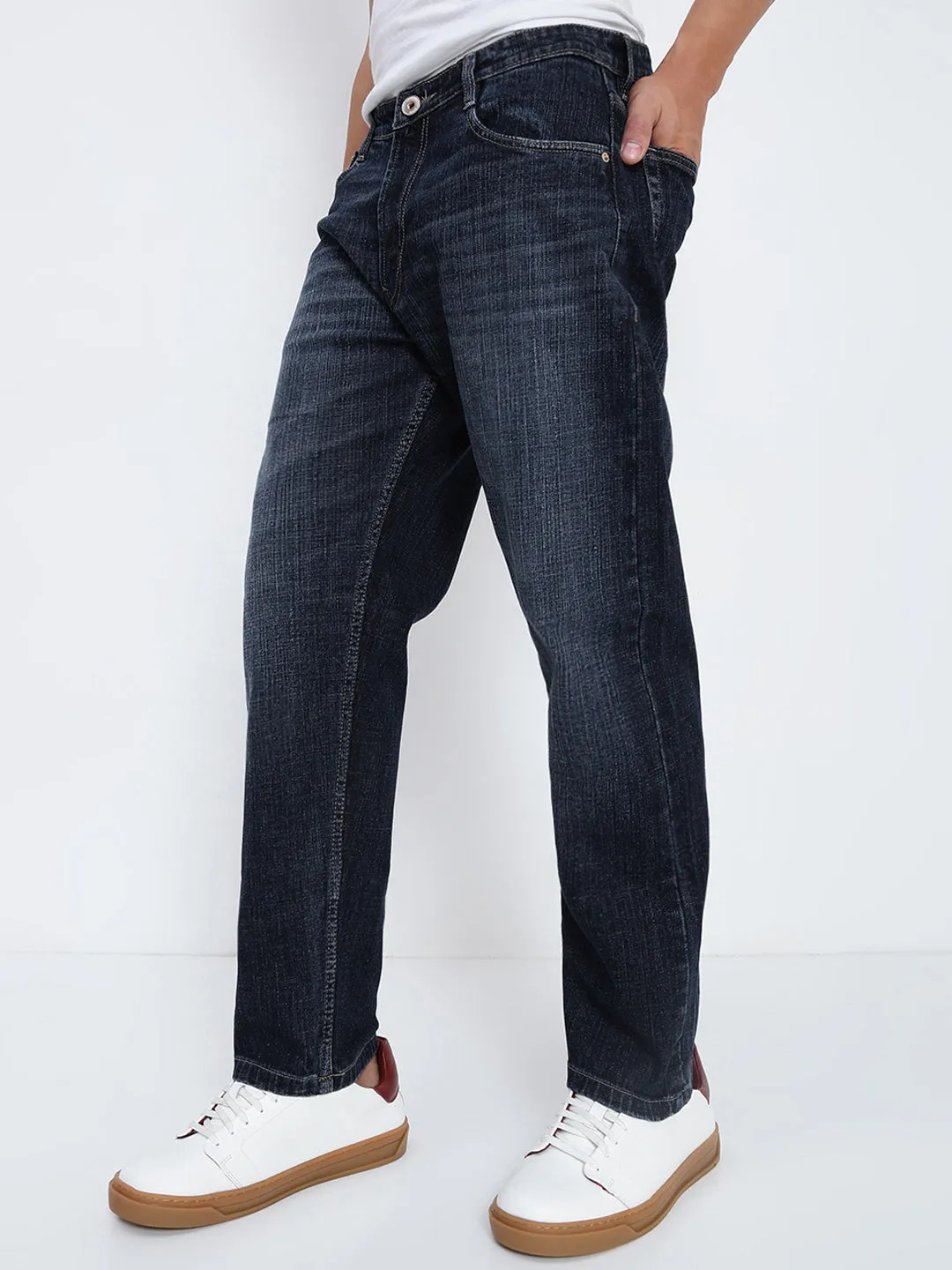 Men's Navy Blue Straight Fit Jeans Quick Match Hypoallergenic Material Composition