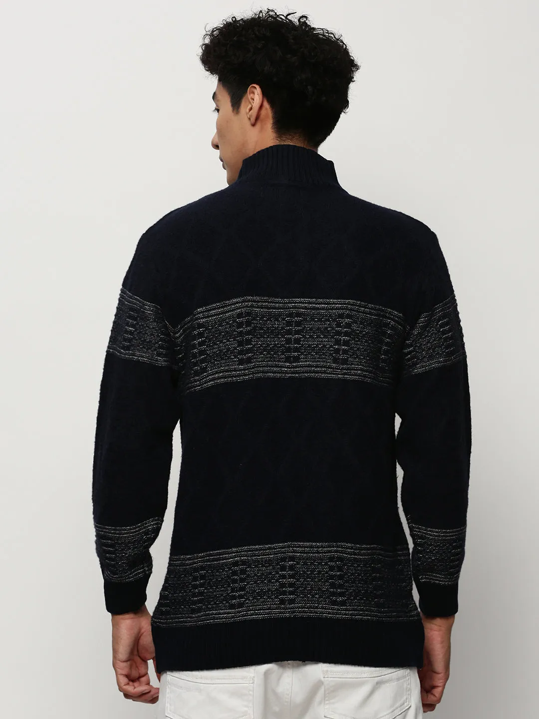 Stain Release Coating Smart Pick Men's Navy Blue Striped Acrylic Pullover