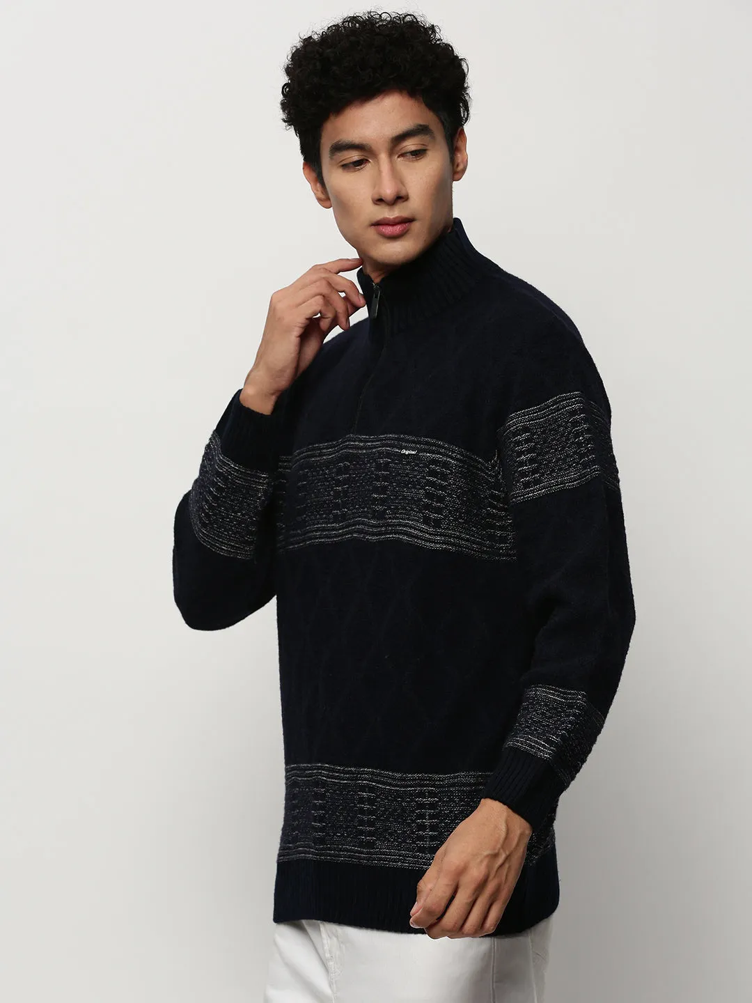 Men's Navy Blue Striped Acrylic Pullover Day Layer Circular Knit