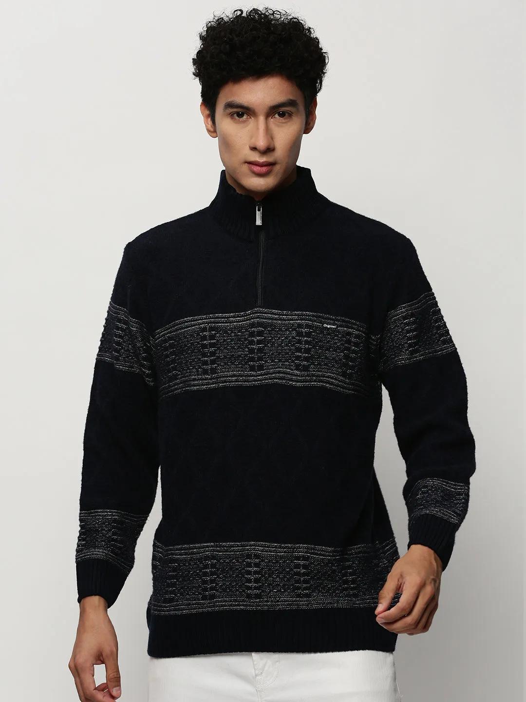 FrictionReduced Sleeve Construction Men's Navy Blue Striped Acrylic Pullover