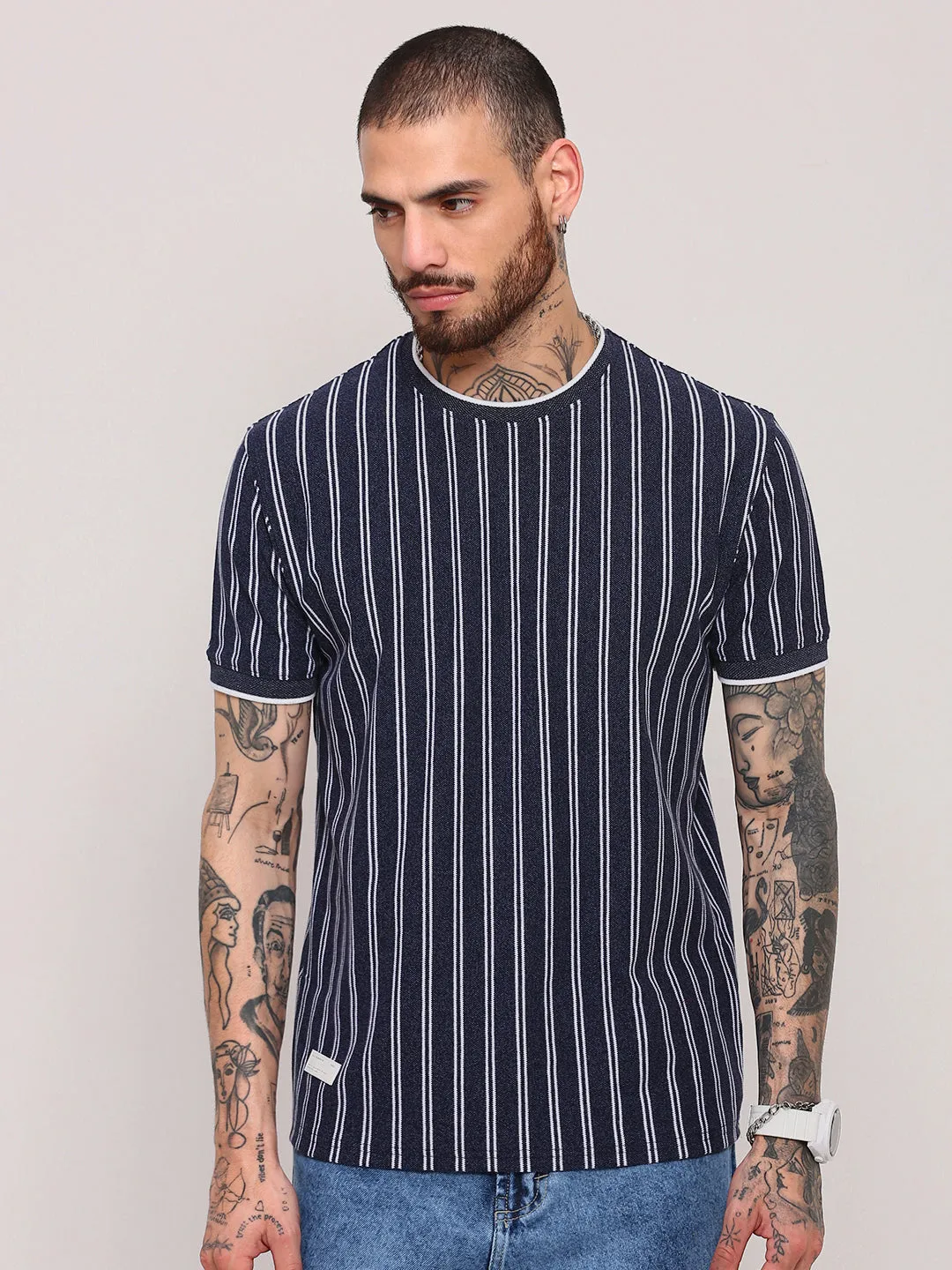 neon colors Breathable Design Men's Navy Blue Striped Casual T-Shirt