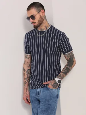 Mid range Customer Satisfaction Men's Navy Blue Striped Casual T-Shirt