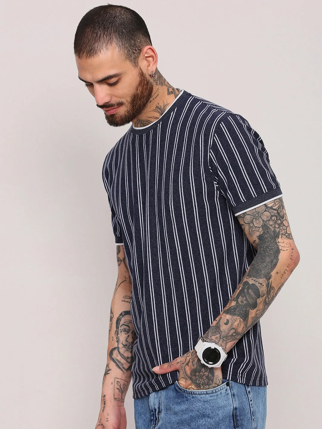 product wedding guest elegance product shipping Men's Navy Blue Striped Casual T-Shirt