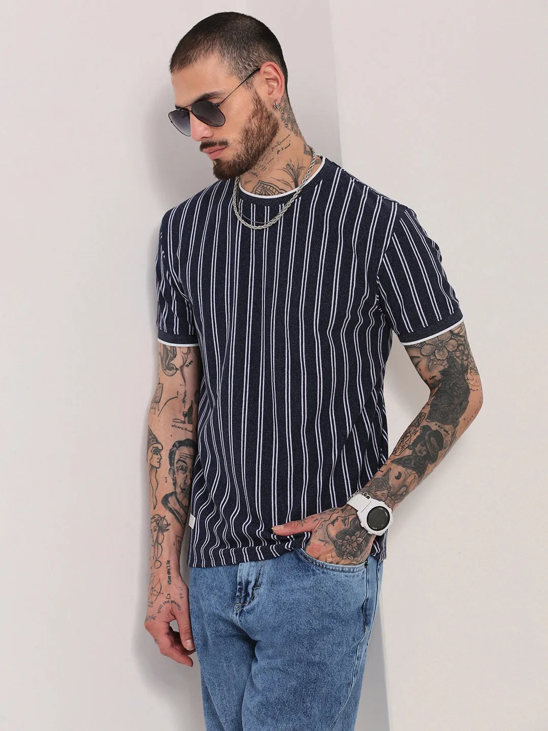 Mid range Customer Satisfaction Men's Navy Blue Striped Casual T-Shirt