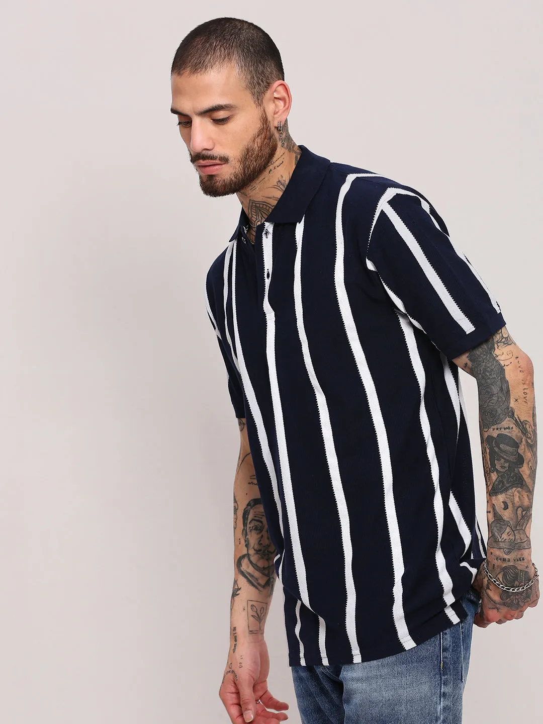 Men's Navy Blue Striped Polo Collar Cotton T-Shirt AntibacterialMaterial Adaptable Outfit