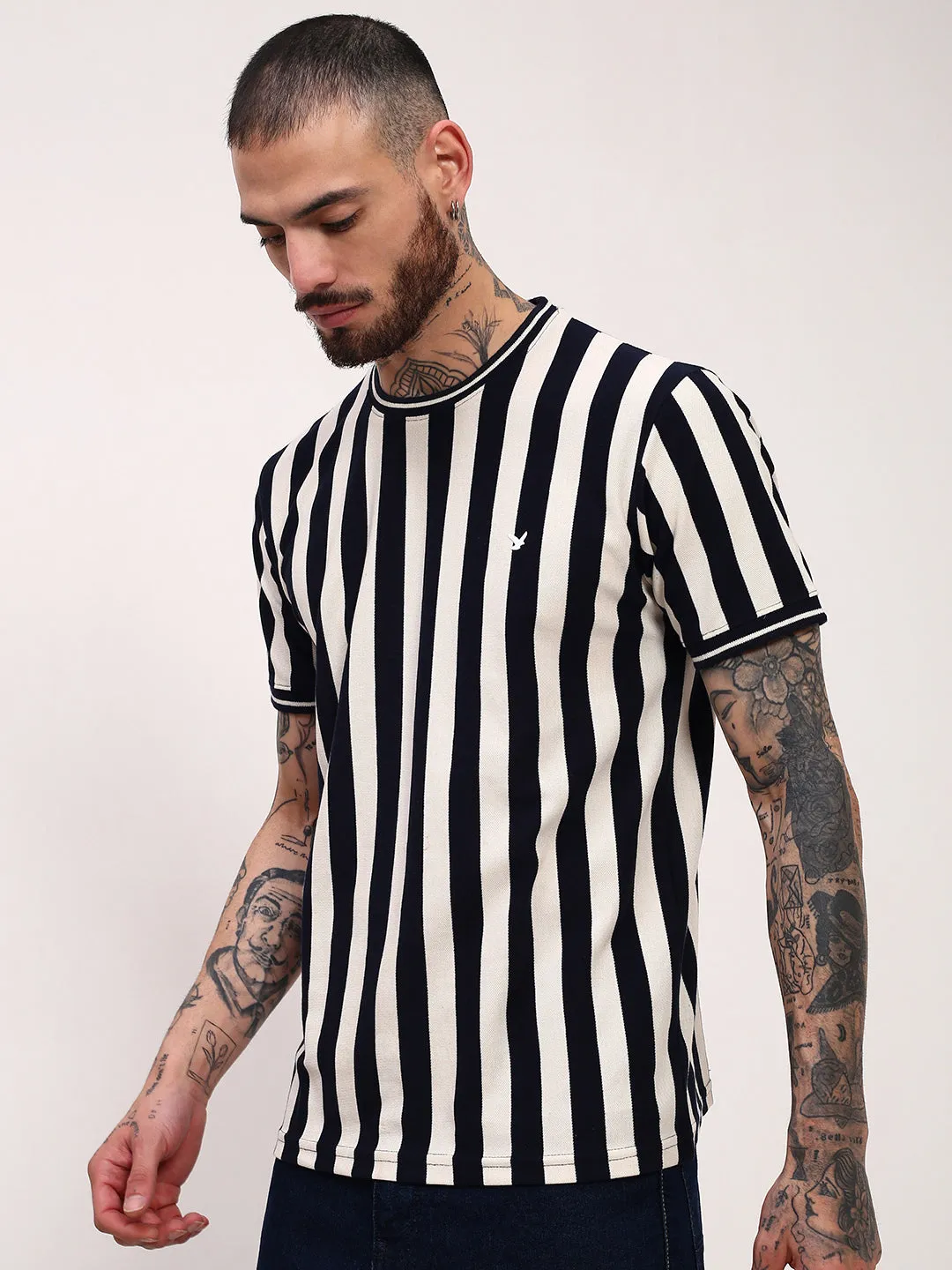 product fuzzy coziness Men's Navy Blue Striped Round Neck Cotton T-Shirt