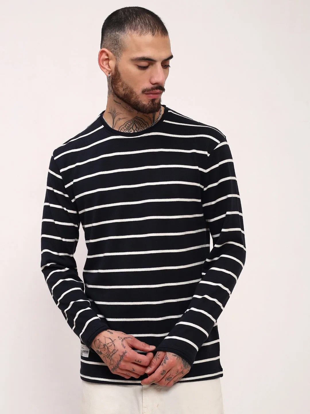 Men's Navy Blue Striped T-Shirt Brunch Style