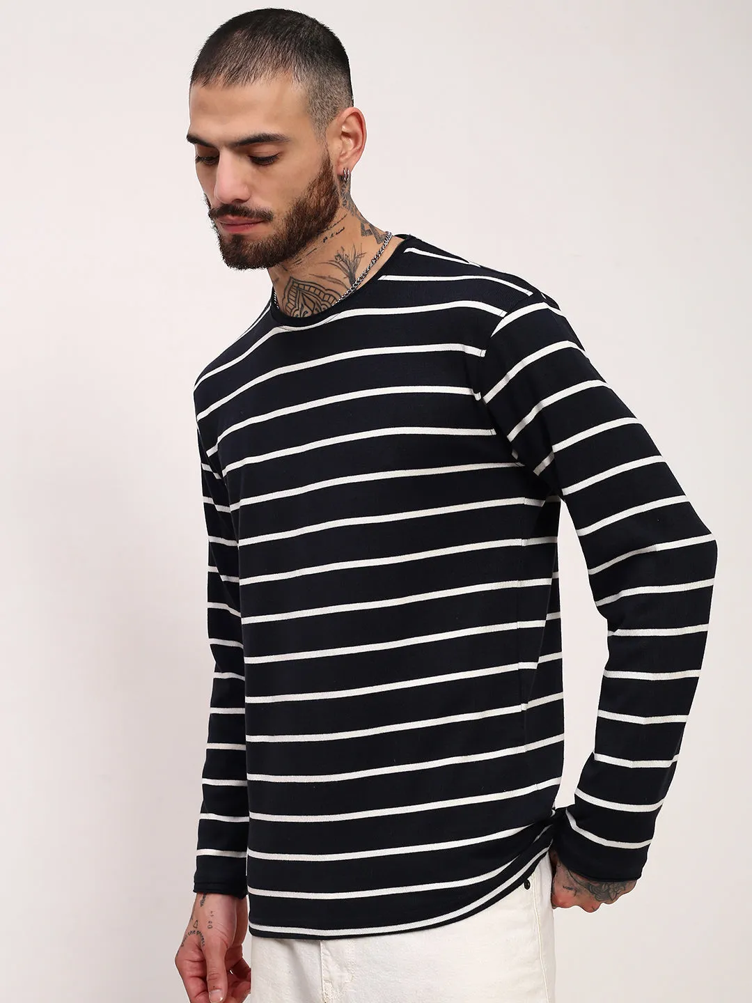 Men's Navy Blue Striped T-Shirt fluffy texture Cuffed Sleeves