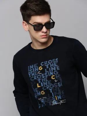 Men's Navy Blue Typography Printed Cotton Pullover Sweatshirt Brunch Outfit Soft Layers