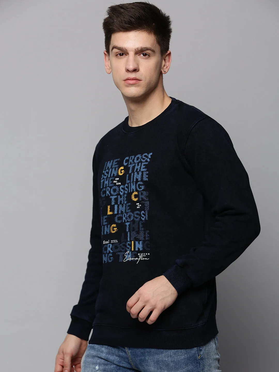 jewelry accents Men's Navy Blue Typography Printed Cotton Pullover Sweatshirt