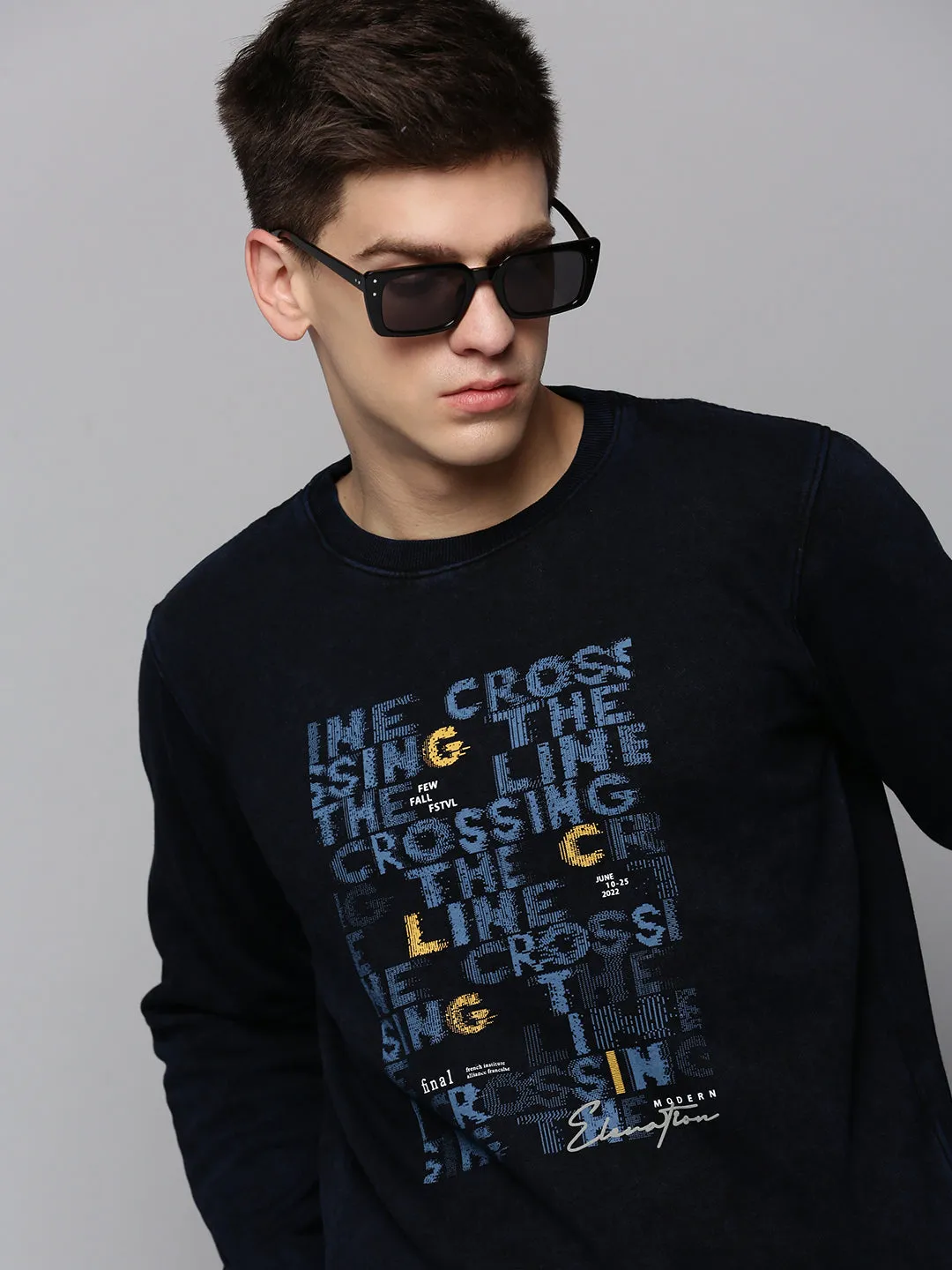 Men's Navy Blue Typography Printed Cotton Pullover Sweatshirt Brunch Outfit Soft Layers
